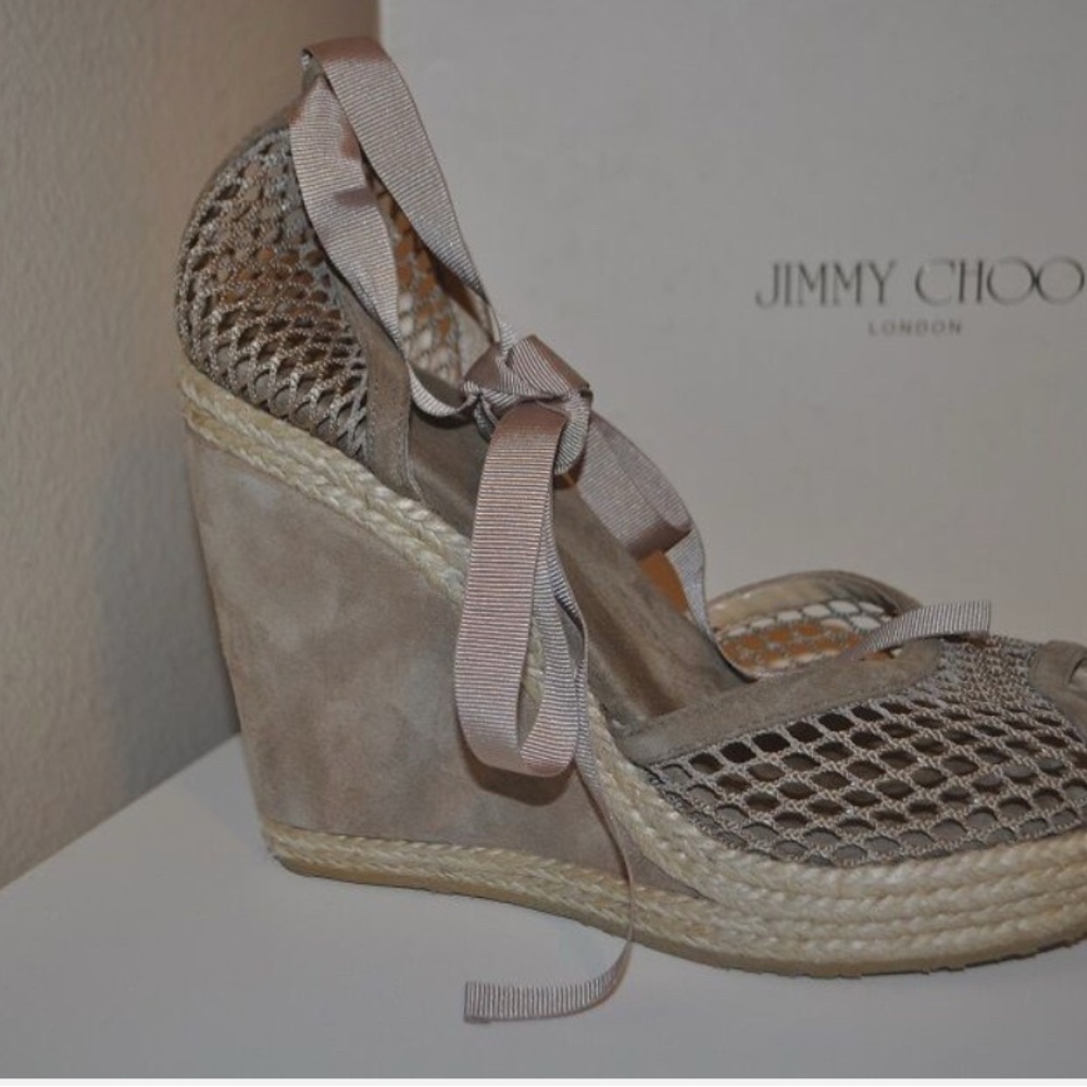Jimmy Choo Tan Espadrille Wedge Sandals with Ankle Strap